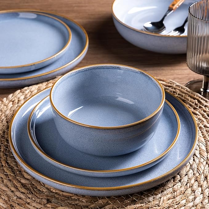 GBHOME Ceramic Dinnerware Sets for 8, 24 Pieces Stoneware Plates and Bowls Sets, Scratch Resistant Dishes, Dishwasher & Microwave Safe, Reactive Glaze-Brunnera Blue-HomvellaHome