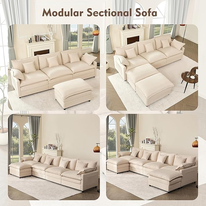 108" U Shaped Couch, Modular Sectional Sofa, 3-Seater Comfy Cloud Couch with Movable Ottoman, Deep Seat Couches for Living Room, Linen, Beige-HomvellaHome