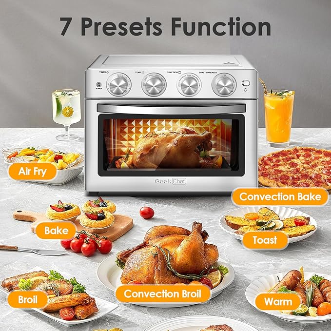 Geek Chef 26 QT Air Fryer Oven, Big Air Fryer, Toast Oven with Bake, Roast, Pizza, Easy to Use & Clean, 6 Slice Toast, Stainless Steel-HomvellaHome
