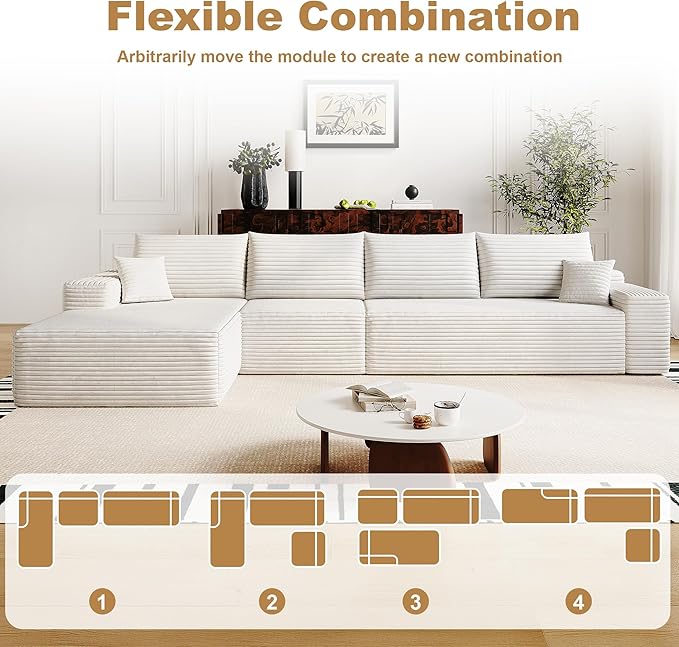 136" Sectional Couches for Living Room Modern Modular Sofa with L-Shape Couchs Upholstered Boneless Couch Deep Seat Sectional Couch with Chaise (White, Left Facing Chaise+3Seaters)-HomvellaHome