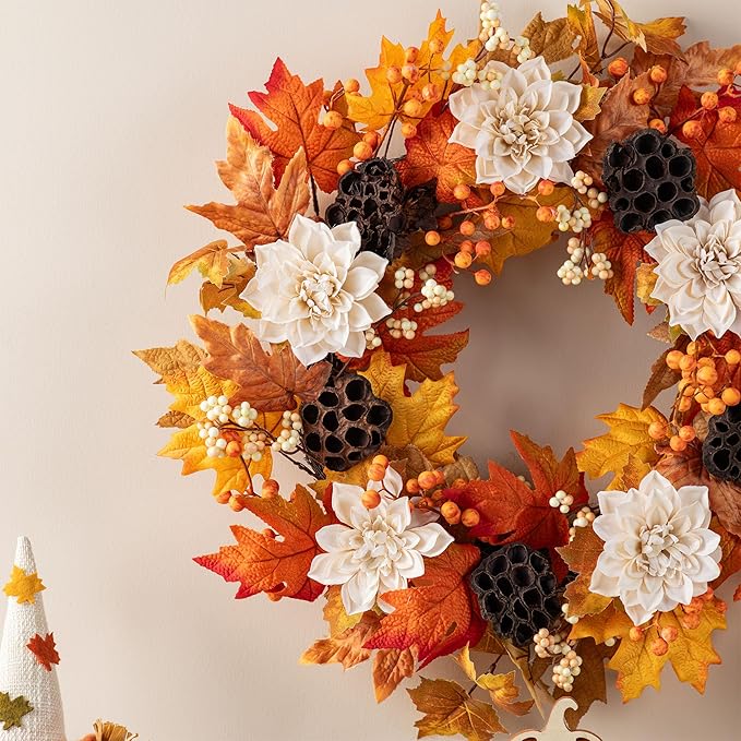 Glitzhome 24" D Fall Sorghum Wreath with Metal Hanger, Harvest Wreath for Front Door, Fall Door Wreaths for Indoor Outdoor Thanksgiving Harvest Holiday Decorations-HomvellaHome