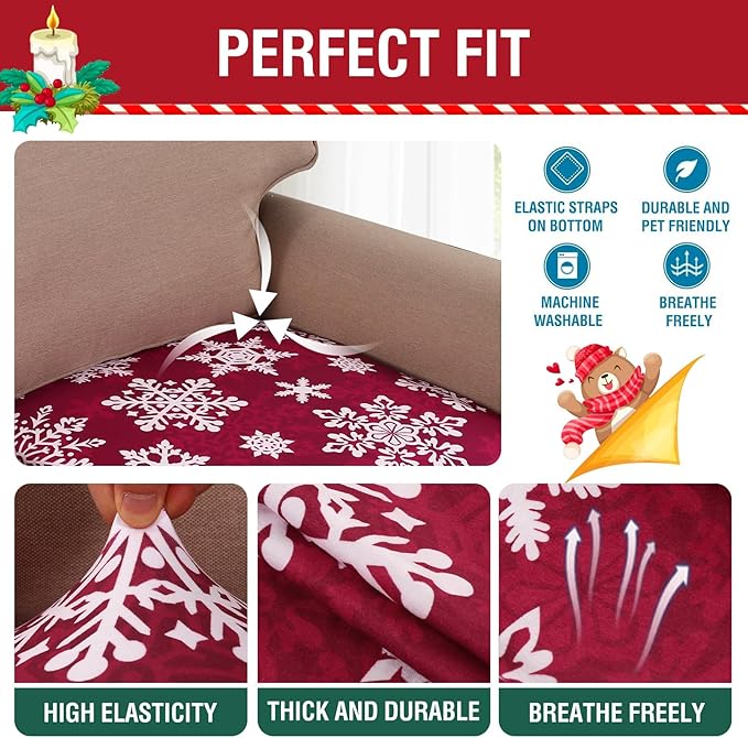 H.VERSAILTEX Christmas Sofa Slipcover Fleece Stretch Couch Cushion Cover Furniture Protector Seat Cushion Snowflakes Sofa Cover for Christmas (1 Piece Armchair Cushion Covers, Snowflakes)-HomvellaHome
