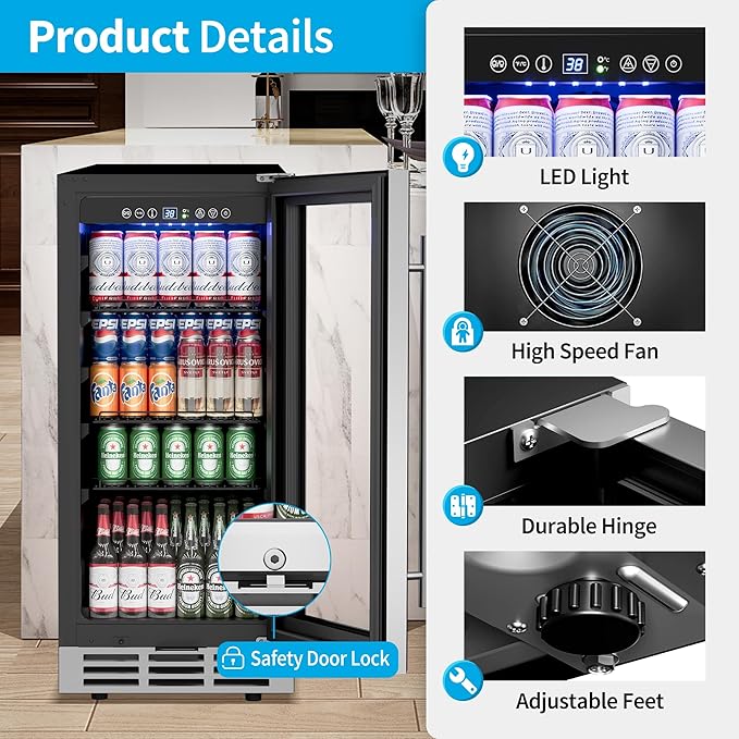 15 Inch Beverage Refrigerator Under Counter - 126 Cans Beverage Fridge with Glass Door for Beer Wine Soda - Built-in or Freestanding Wine Cooler with Safety Lock for Home Kitchen Bar-HomvellaHome