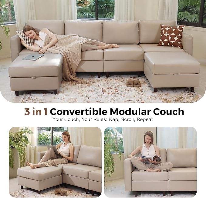 118.5" Faux Leather Modular Sectional Sofa with Storage Seat, Modern 6 Seater Couch Deep Seat with Removable Cover DIY Combination Whitesand-HomvellaHome