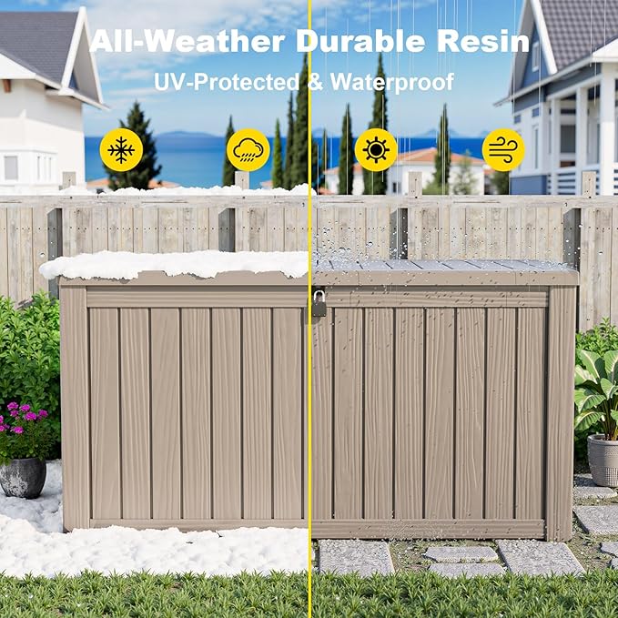 150 Gallon Deck Box Large Outdoor Storage for Patio Furniture,Outdoor Cushions,Garden Tools and Pool Supplies,Waterproof,Resin,Lockable(Grey)-HomvellaHome