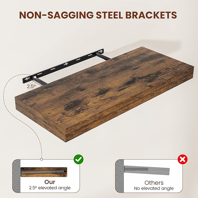 12" Deep Floating Shelves for Wall 55 Inches Long, Heavy Duty Wall Shelves for Bedroom Bathroom Kitchen Laundry Room, Farmhouse Rustic Shelves for Home Decor, 55" X 12" X 2" Set Of 2, Rustic Brown-HomvellaHome