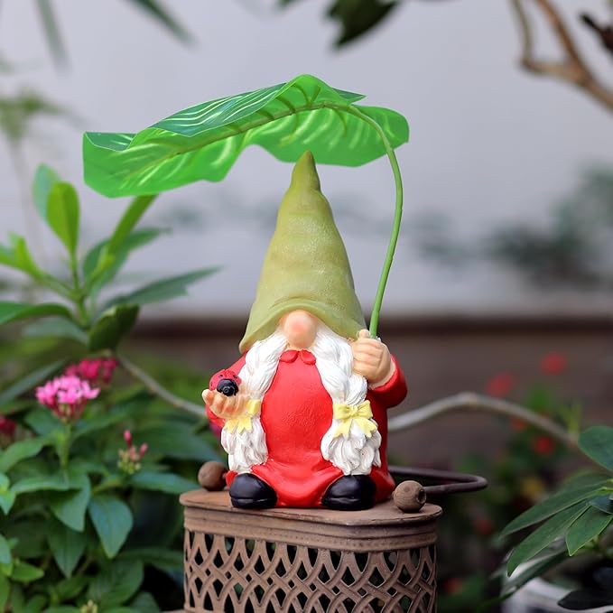 Garden Female Gnome Statue Decoration with Leaf Umbrella, 7.5” Figurine Ornament for Indoor Outdoor Home Patio Yard Lawn, for Gnome Lovers & Garden Enthusiasts,Mom,Women-HomvellaHome