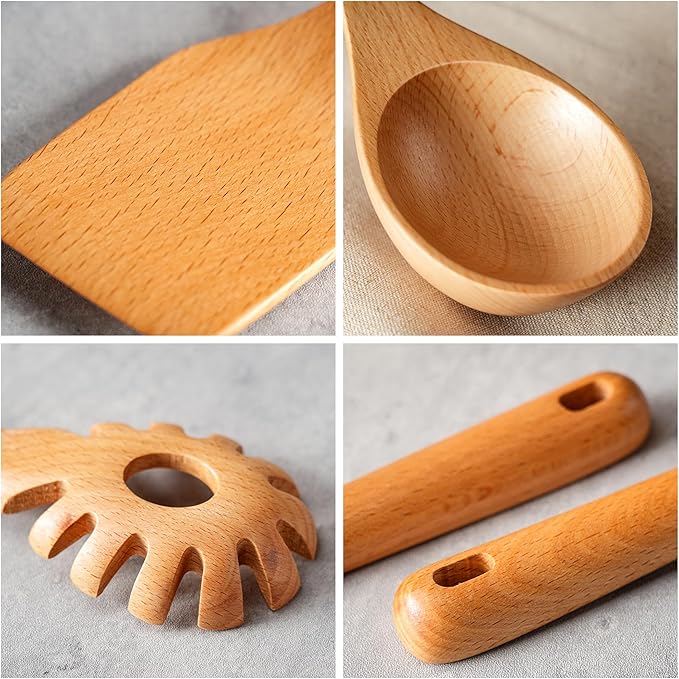 11 PCS WOSPONFAN Kitchen Utensils Set - Wooden Spoons for Cooking, Natural Beech Wood Wooden Utensils - Includes Wooden Spoons, Spatula Set, Slotted Spoon - Handmade Wooden Spoon Set-HomvellaHome