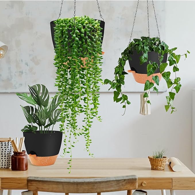 GARDIFE Hanging Planter, 10 inch Hanging planters for Indoor. Outdoor Plants, Self Watering Plant Pot, 2 Pack Large self Watering Hanging Planter, Black-HomvellaHome