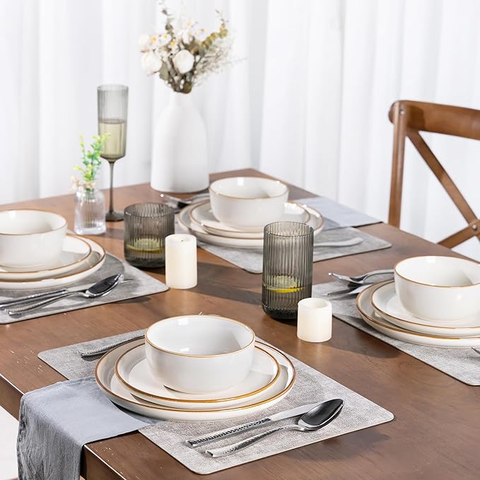 GBHOME Ceramic Dinnerware Sets for 6, 18 Pieces Stoneware Plates and Bowls Sets, Scratch Resistant Dishes, Dishwasher & Microwave Safe, Reactive Glaze-White-HomvellaHome