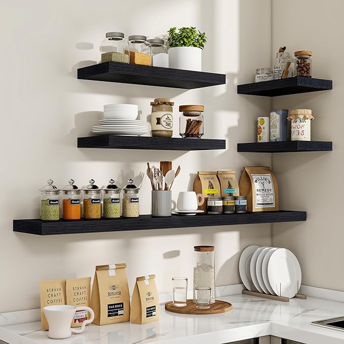 16 Inch Floating Shelves, 16"x9.25"x1.5" Inch Deep Floating Shelves for Wall, Wooden Shelves for Bathroom, Bedroom, Living Room, Black-HomvellaHome
