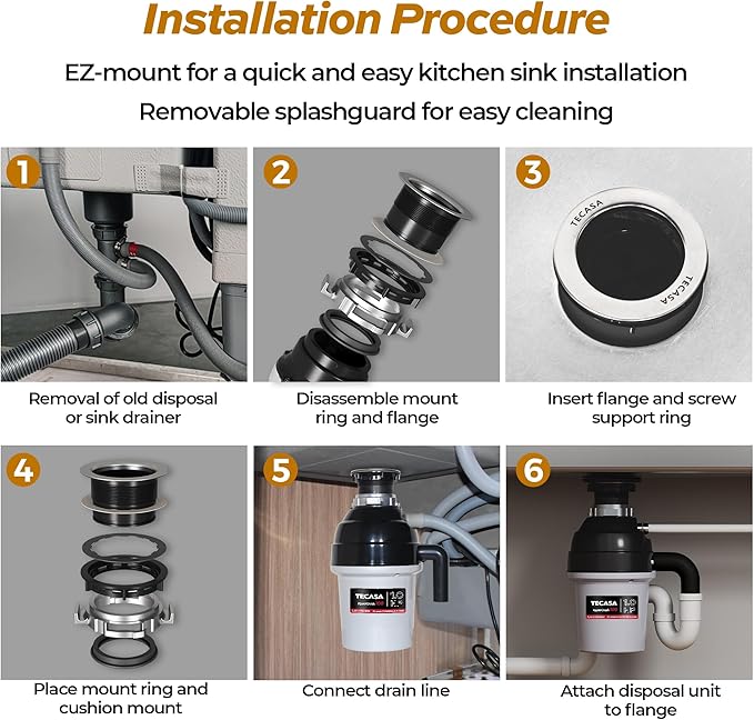1 HP Garbage Disposal with Sound Reduction, TECASA Food Waste Disposer for Kitchen Sink, Septic Safe Garbage Disposal, Power Cord Included, Grey and Black - HyperCrush 100-HomvellaHome