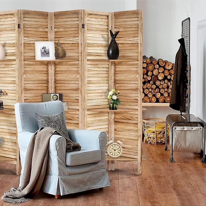 Room Divider with Shelves, Privacy Screen, Room Dividers and Folding Privacy Screens, 5 Panel Wood Temporary Wall Partition Separation Separator, Natural-HomvellaHome