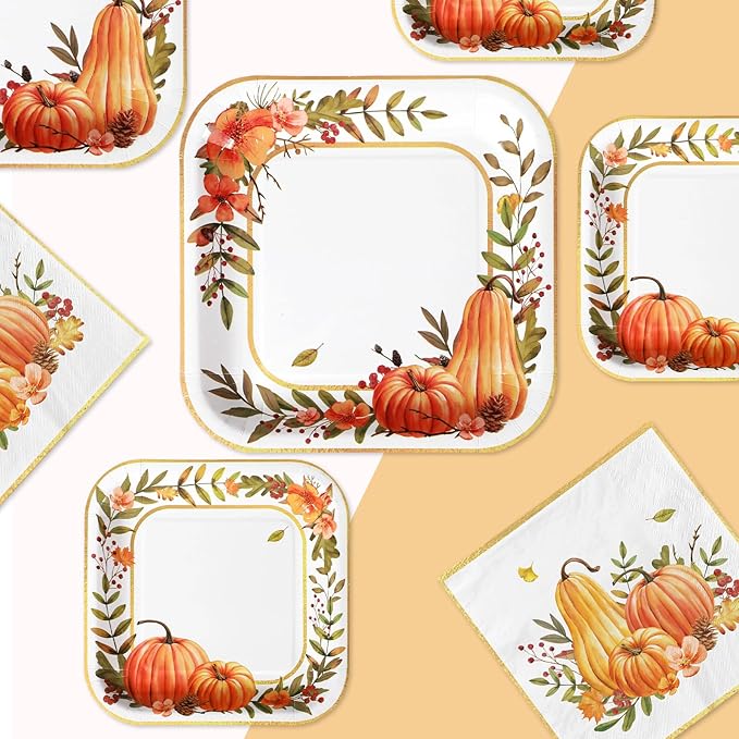 Grencian 200Pcs Fall Plates and Napkins Thanksgiving Plates Pumpkin Flower Wreath Plate Disposable Pumpkin Tableware Fall Party Supplies for Autumn Harvest Thanksgiving Party Decorations, Serves 50-HomvellaHome
