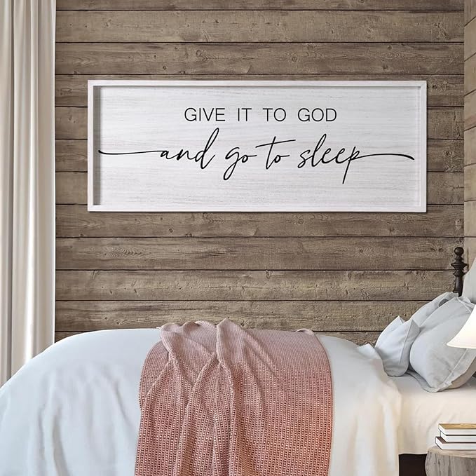 Give It to God and Go to Sleep Decorative Rustic Sign & Plaque Framed Wall Art for Couples, 40''×15'' Vintage Farmhouse Wooden Horizontal Wall Decor Above Bed, Cottagecore Wedding Gift for Bedroom-HomvellaHome