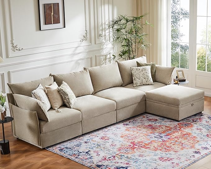 134.6" Modular Sectional Sofa, Oversized 4 Seater Couch with Removable Beige Chenille Fabric Cover, Deep Seat & High Backrest for Living Room, Office & Apartment-HomvellaHome