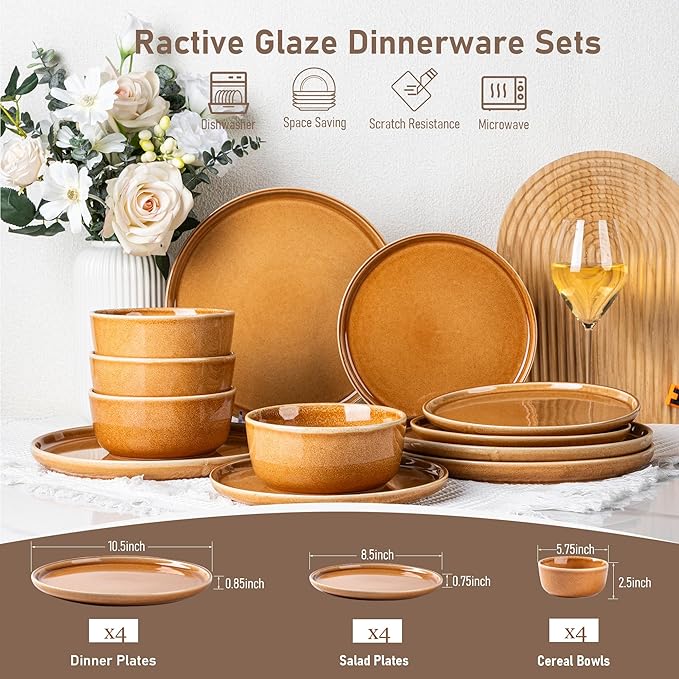 GBHOME Ceramic Dinnerware Sets for 4, 12 Pieces Stoneware Plates and Bowls Sets, Scratch Resistant Dishes, Dishwasher & Microwave Safe, Reactive Glaze-Amber-HomvellaHome