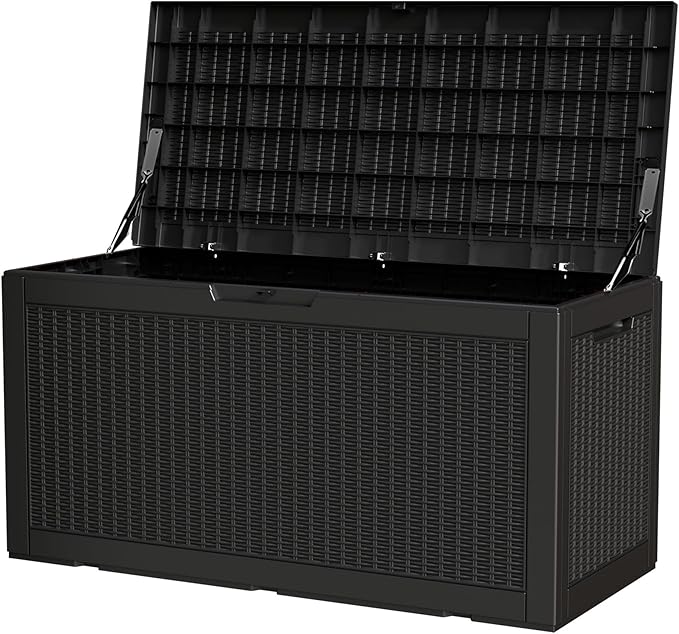 100 Gallon Storage Box, Waterproof Resin Deck Box with Hydraulic Piston Design, Lockable Storage Bench for Package Delivery, Storage Bin for Patio Cushions, Garden Tools, Black-HomvellaHome