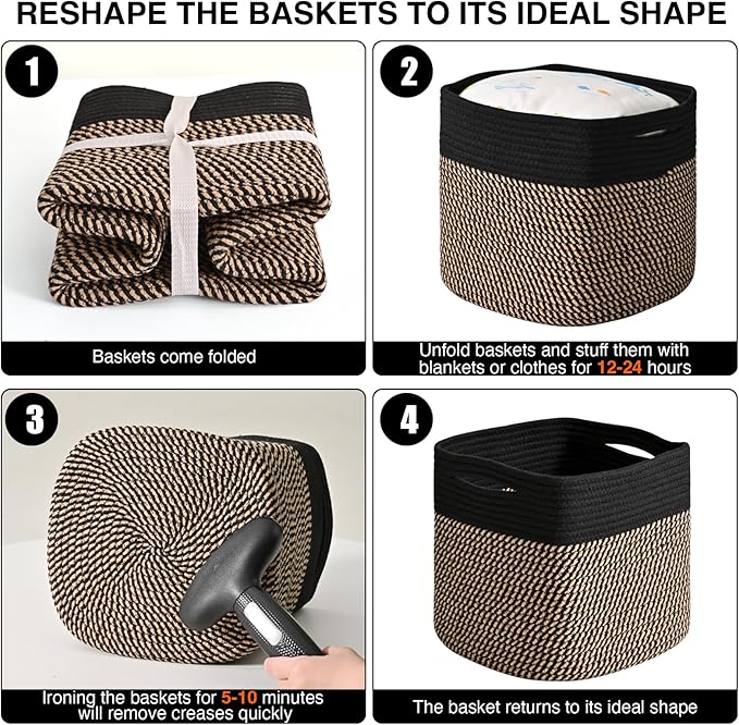 11 Inch Cube Storage Bins, Storage Cube Organizer Bins, Woven Cotton Rope Baskets for Storage, Storage Basket for Organizing Shelves, Square Baskets for Toys Nursery, Black & Jute (Pack of 3)-HomvellaHome