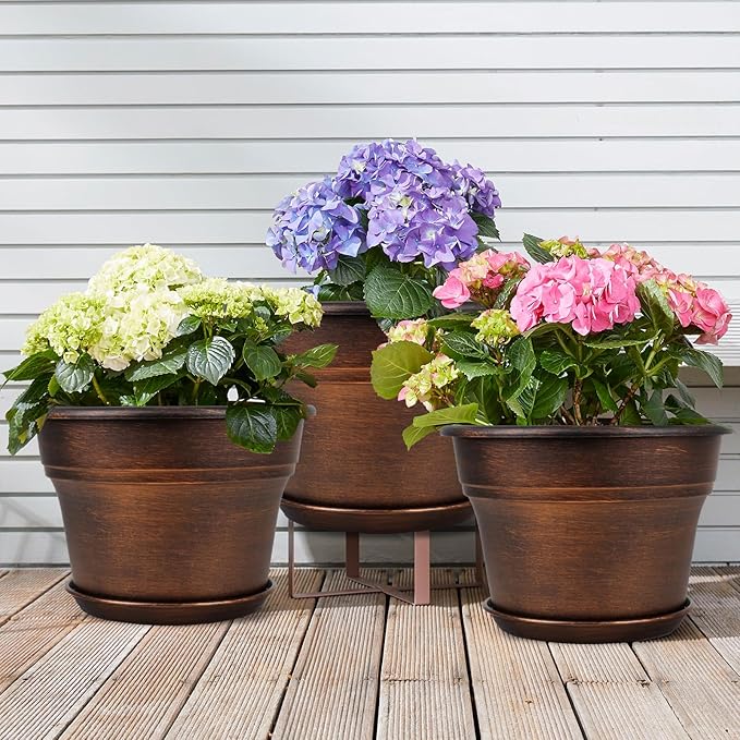 10 Inch Planters Plant Pots Indoor Outdoor, 4 Pack Plastic Flower Pot for Indoor Plants with Drainage Holes & Trays, Resin Decorative Container Sets with Saucer for House Garden Copper-HomvellaHome