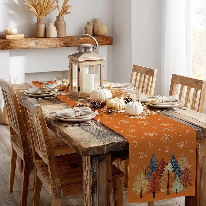 GEEORY Fall Watercolor Trees & Maple Leaves Table Runner 13x120 Inch, Rustic Farmhouse Autumn Thanksgiving Decor for Kitchen, Dining, Indoor/Outdoor Holiday Dinner Party Orange GT158-120-HomvellaHome