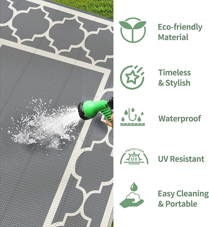 GENIMO 6' x 9' Outdoor Rug Waterproof for Patio Decor, Foldable Reversible Plastic Straw Area Rugs Mat for Camper, Outside Carpet for Rv, Deck, Porch, Picnic, Beach, Balcony, Grey & Beige White-HomvellaHome