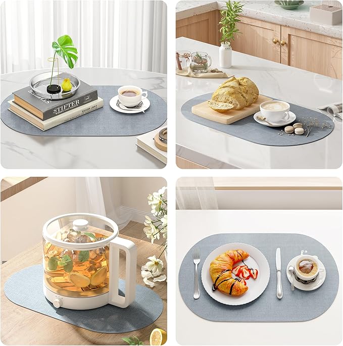 DOLOPL Large Placemats Set of 6, Oval Reversible Wipeable & Non-Slip Place Mats, Modern Faux Leather Table Mats for Kitchen, Neutral Tablemats for Dining Table Decor, Wedding, Party(Dusty Blue)