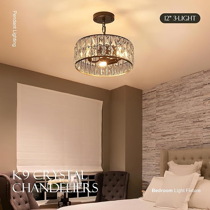 12” 3-Light Modern Crystal Chandeliers Black Dinning Room Light Fixture, Round Pendant Light Kitchen Island Chandelier, Flush Mount Ceiling Light for Living Room Entryway Bedroom Foyer-HomvellaHome