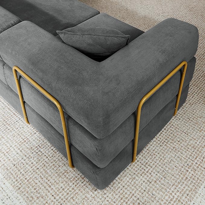 108" Oversized Convertible Sleeper Sofa Bed, Corduroy L Shape Sectional Couch, Folding Sofa Bed with Side Pocket, Modern Cloud Floor Mattress Couch, Modular Sofa for Living Room, Grey-HomvellaHome