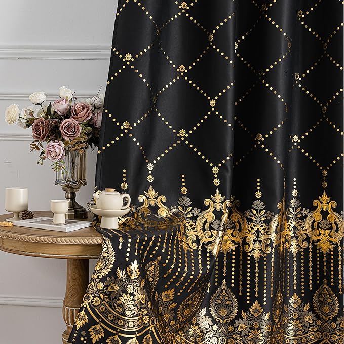 Grommets Blackout Long Window Curtains Black Gold-52W*108L 2PCS Drapes for Bedroom-HomvellaHome