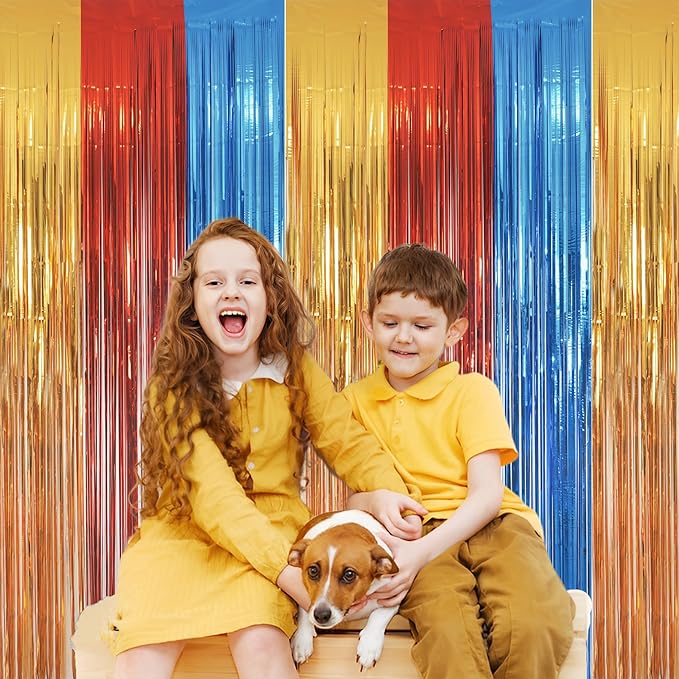 Gold Red Blue Party Backdrop - GREATRIL Tinsel Fringe Curtain for Paw Birthdays Decorations 2 Packs