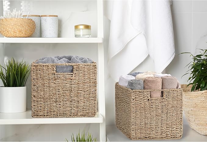 12x12x10in Seagrass Storage Baskets Set of 2, Large Wicker Storage Basket, Decorative Seagrass Shelf Basket, Pantry Baskets Organization,Folding Storage Cube Bins-HomvellaHome