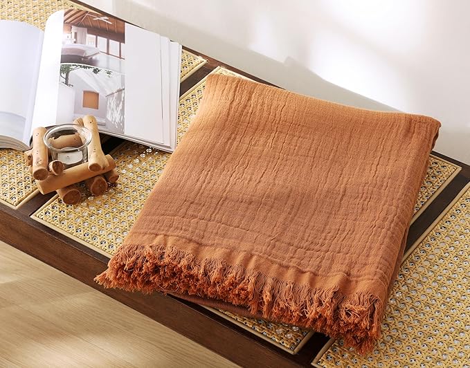 100% Cotton Muslin Throw Blanket for Bed, Couch, Travel, Luxuriously Soft, Pre-Washed, Breathable and Lightweight Gauze Blanket with Tassels, Suitable for All Seasons, Rust, 50"x60"-HomvellaHome