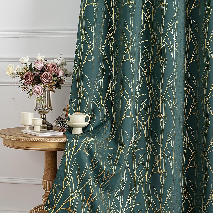 Grommets Blackout Long Window Curtains Green Gold-52W*84L 2PCS Drapes for Bedroom-HomvellaHome