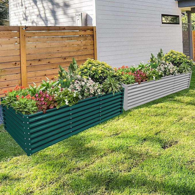 1 Pack 8x3x2FT Galvanized Raised Garden Bed Kit Retangular Metal Ground Planter Box Outdoor Bottomless Planter Raised Beds for Vegetables Flowers Herbs Fruits, Green-HomvellaHome