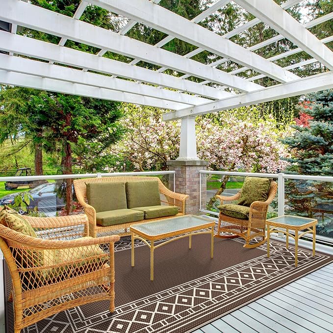 GENIMO Outdoor Rug Waterproof for Patio Decor, 5'x8' Reversible Plastic Straw Rug Carpet, Camping Mat for Outdoor, RV, Backyard, Deck, Balcony, Picnic, Beach, Coffee & Beige-HomvellaHome