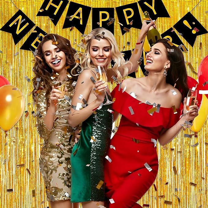 Gold Fringe Curtain Tinsel Backdrop - GREATRIL Foil Fringe Curtain Party Streamers for Prom 2026 NYE New Years Eve Birthdays Christmas Theme Party Decorations Pack of 2