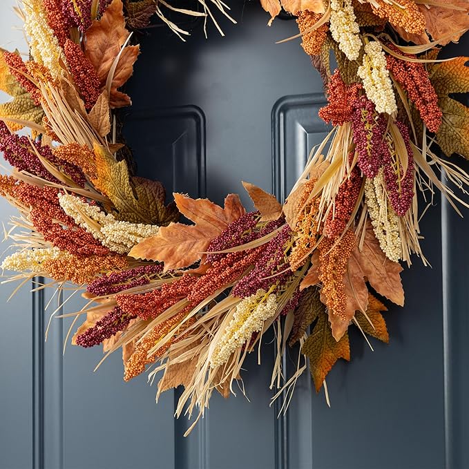 Glitzhome 24" D Fall Sorghum Wreath with Metal Hanger, Harvest Wreath for Front Door, Fall Door Wreaths for Indoor Outdoor Thanksgiving Harvest Holiday Decorations-HomvellaHome