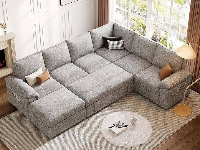 108 Inch Modular Sectional Sofa with Pull Out Bed,U Shaped 7 Seat Sectional Sleeper Sofa with Storage,Sectional Couches for Living Room,Cloud Modular Couch,Removable Sofa Cover,Light Gray-HomvellaHome