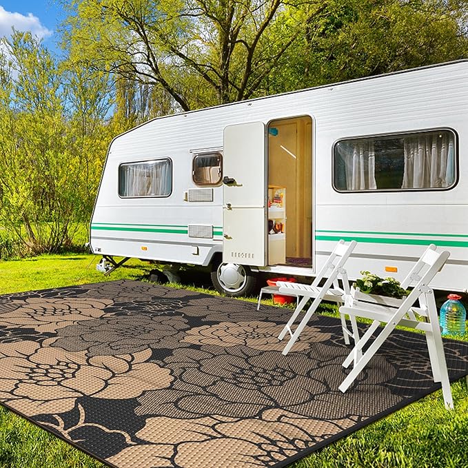 GENIMO Outdoor Rug Waterproof for Patio Decor, 8' x 10' Reversible Plastic Straw Floral Camping Carpet, Large Area Rugs Mats for RV, Camper, Deck, Balcony, Porch, Beach, Picnic, Mix-Black & Brown-HomvellaHome
