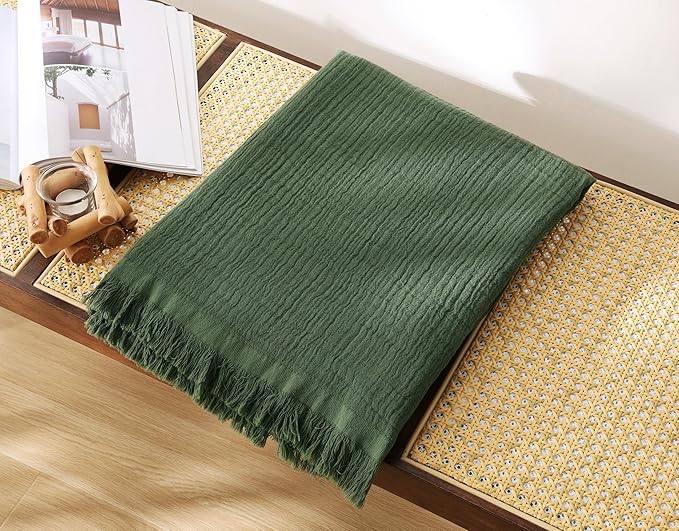 100% Cotton Muslin Throw Blanket for Bed, Couch, Small, Decorative, Soft, Pre-Washed, Breathable and Lightweight Gauze Blanket with Tassels, Suitable for All Seasons, Olive Green, 50"x60"-HomvellaHome
