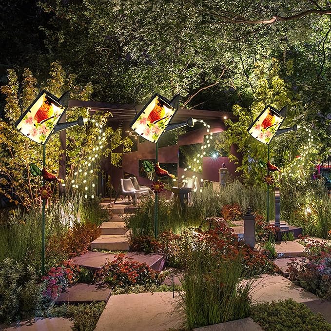 Garden Solar Lights Outdoor, Metal Watering Can Garden Stake Lights Cardinal Bird Decor Glass Art for Walkway, Pathway, Yard, Lawn-HomvellaHome