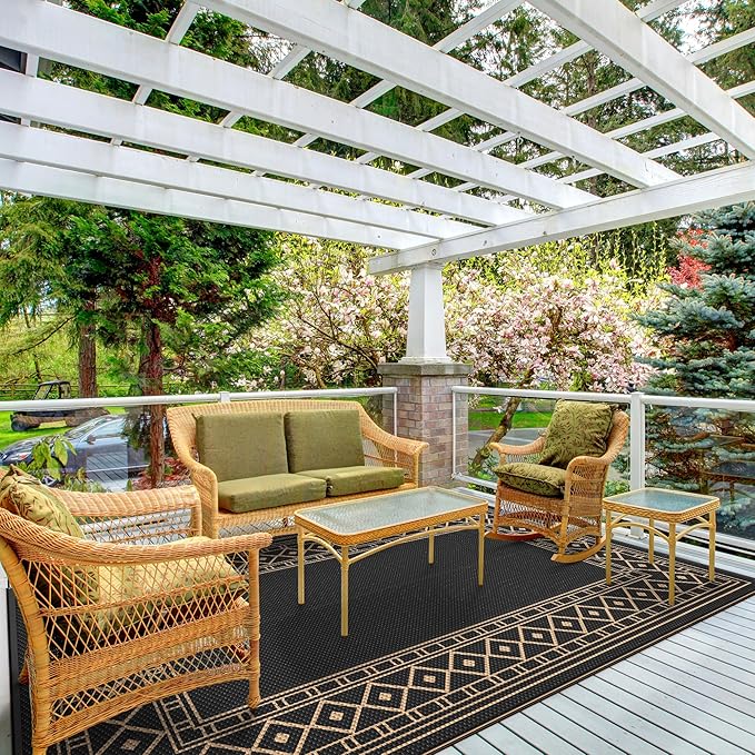 GENIMO Outdoor Rug 5'x8' Waterproof for Patio, Reversible Outdoor Plastic Straw Rug Carpet, Camping Mats for Outdoor Decor, RV, Backyard, Deck, Balcony, Picnic, Black & Brown-HomvellaHome
