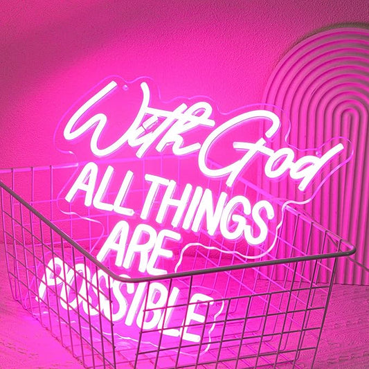 "With God All Things Are Possible" Neon Sign God Neon Light for Wall Decor Letter LED Neon Sign Pink LED Neon Light Dimmable Neon Signs for Bedroom Wedding Church Decoration-HomvellaHome