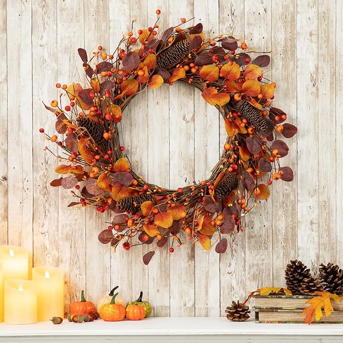 Glitzhome 22" D Fall Eucalyptus Berry Wreath, Artificial Wreaths Rustic Hanging Ornaments for Fall Front Door Wall Decor-HomvellaHome