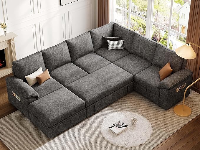 108 Inch Sectional Sleeper Sofa with Pull Out Bed,U Shaped 7 Seat Modular Sectional Sofa with Storage,Sectional Couches for Living Room,Cloud Modular Couch,Removable Sofa Cover,Dark Grey-HomvellaHome