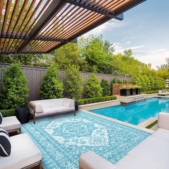 GAOMON Outdoor Rug Waterproof 9x18 Reversible Plastic Straw Rug, Large Rugs for Patio UV-Resistant Portable RV Camping Mats, Indoor Outdoor Medallion Carpet for Deck Porch Garden, Light Blue-HomvellaHome