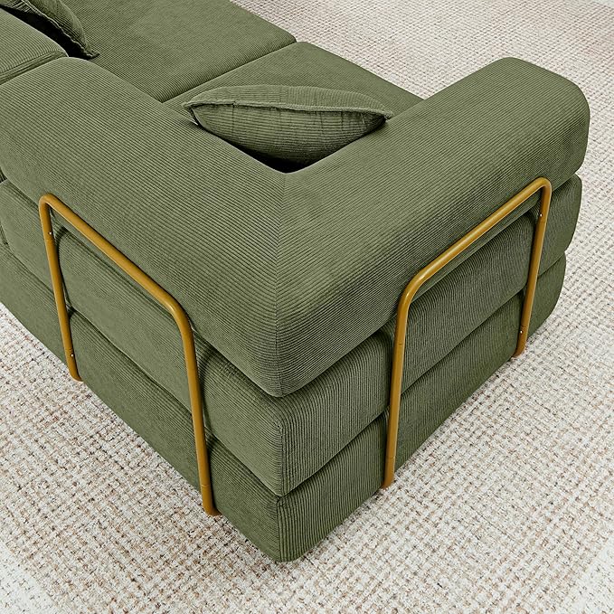 108" Oversized Convertible Sleeper Sofa Bed, Corduroy L Shape Sectional Couch, Folding Sofa Bed with Side Pocket, Modern Cloud Floor Mattress Couch, Modular Sofa for Living Room, Green-HomvellaHome