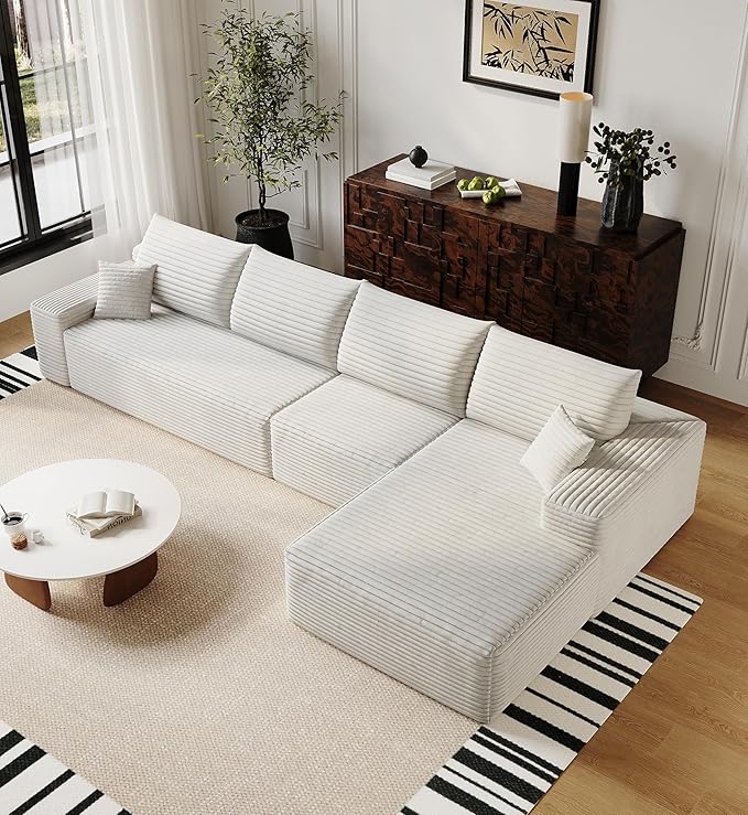 136" Sectional Couches for Living Room Modern Modular Sofa with L-Shape Couchs Upholstered Boneless Couch Deep Seat Sectional Couch with Chaise (White, Right Facing Chaise+3Seaters)-HomvellaHome