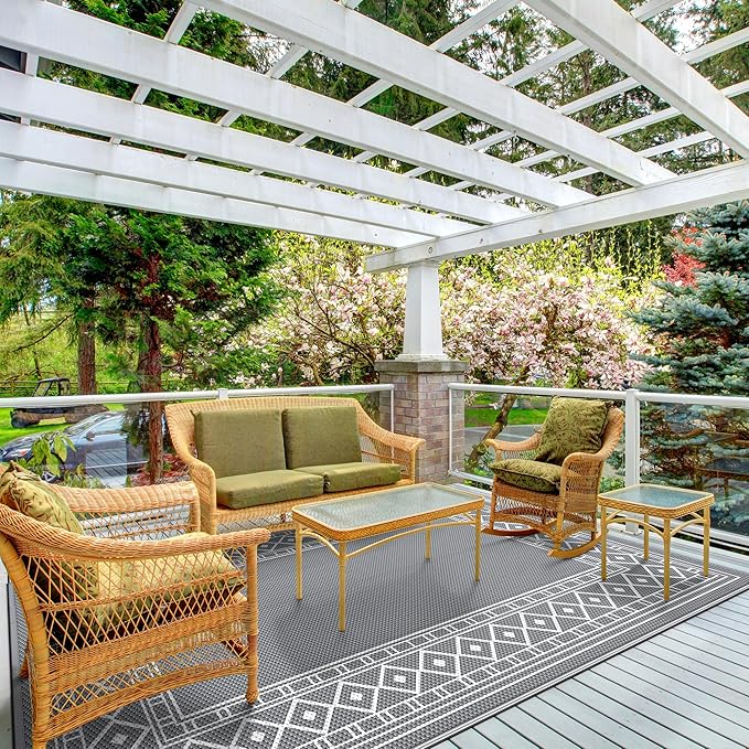 GENIMO Outdoor Rug Waterproof for Patio Decor, 5'x8' Reversible Plastic Straw Area Carpet, Camping Outside Mat for Outdoor, RV, Deck, Camper, Balcony,Picnic Grey & White-HomvellaHome